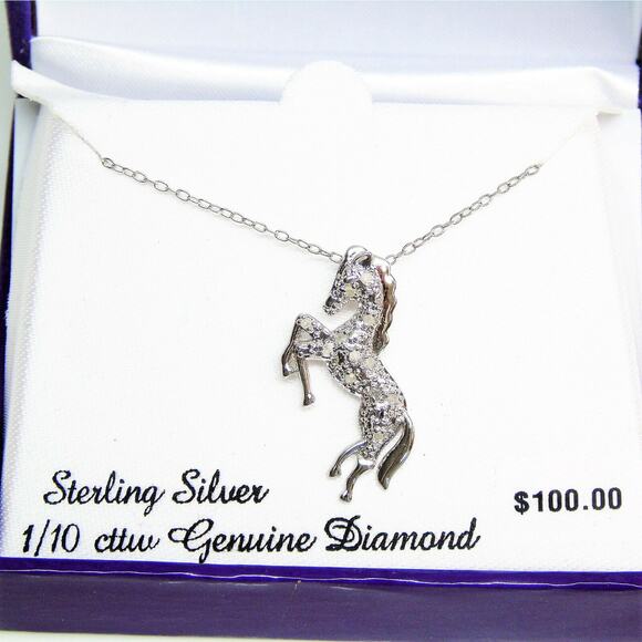 NEW Sterling Silver 1/10cttw DIAMOND Rearing HORSE NECKLACE 18" Chain .925 BOX - Picture 5 of 6